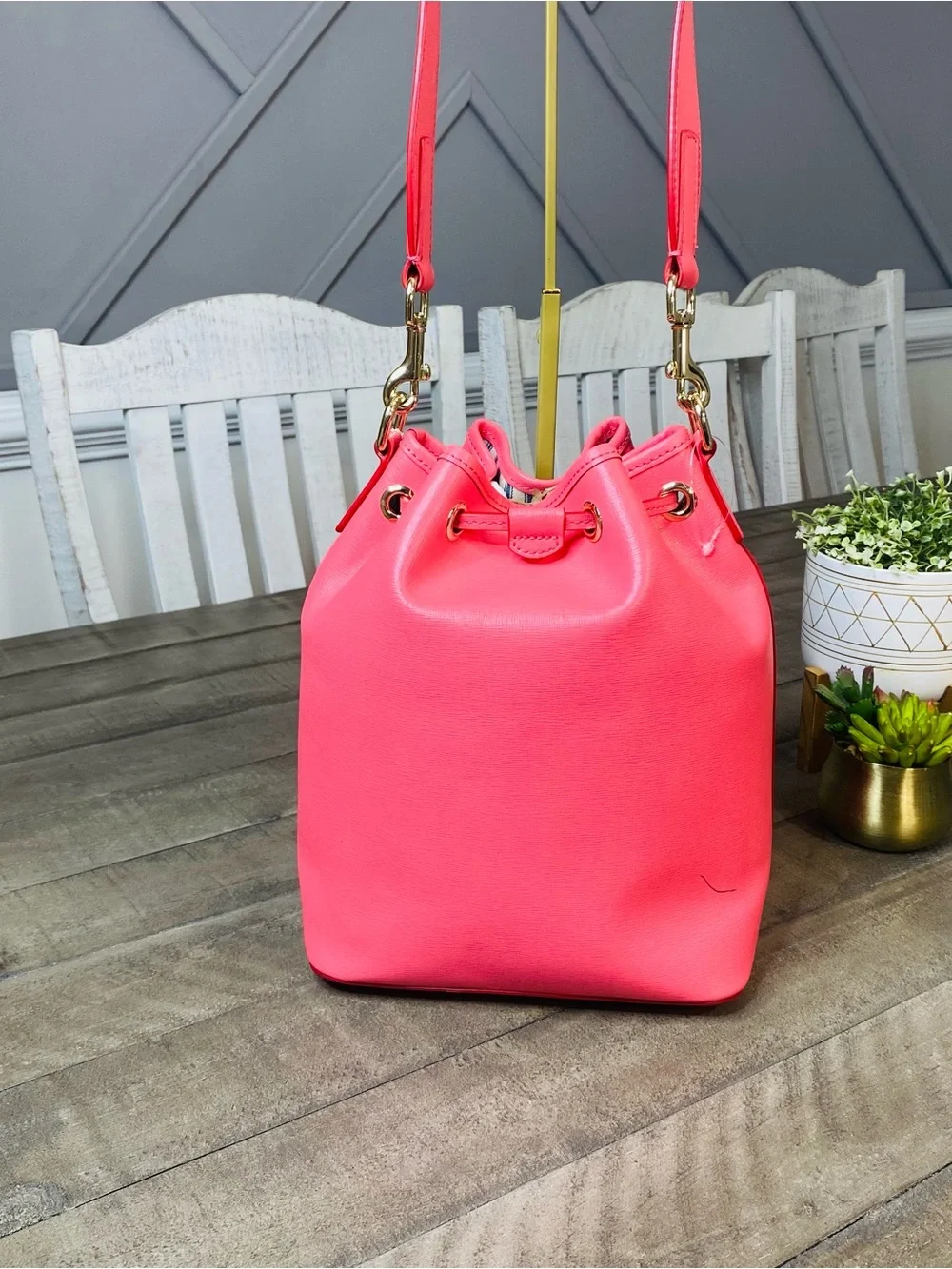 Dooney & Bourke Saffiano Leather Drawstring Bucket Bag Hot Pink Neon